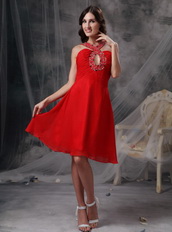 V-neck Knee-length Red Chiffon Beaded Prom Dress Short Knee Length Sexy