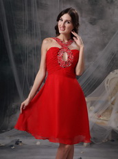 V-neck Knee-length Red Chiffon Beaded Prom Dress Short Knee Length Sexy