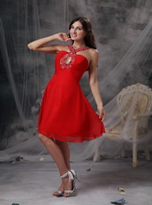 V-neck Knee-length Red Chiffon Beaded Prom Dress Short Knee Length Sexy