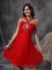 V-neck Knee-length Red Chiffon Beaded Prom Dress Short Knee Length Sexy