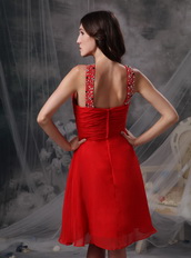 V-neck Knee-length Red Chiffon Beaded Prom Dress Short Knee Length Sexy