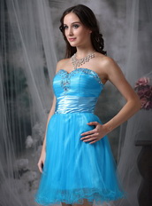 Bright Sky Bule Sweetheart Short Prom Dress Made By Net Knee Length Sexy