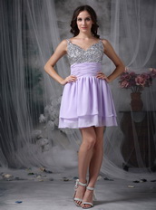 Straps Lilac Chiffon Short Prom Dress With Coloured Crystals Knee Length Sexy