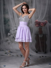 Straps Lilac Chiffon Short Prom Dress With Coloured Crystals Knee Length Sexy