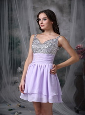 Straps Lilac Chiffon Short Prom Dress With Coloured Crystals Knee Length Sexy