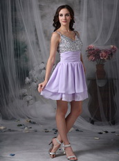 Straps Lilac Chiffon Short Prom Dress With Coloured Crystals Knee Length Sexy