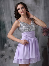 Straps Lilac Chiffon Short Prom Dress With Coloured Crystals Knee Length Sexy