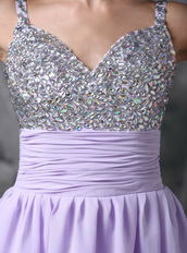Straps Lilac Chiffon Short Prom Dress With Coloured Crystals Knee Length Sexy