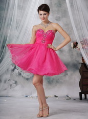 Sweetheart Hot Pink Organza Short Prom Dress With Crystals Knee Length Sexy