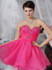 Sweetheart Hot Pink Organza Short Prom Dress With Crystals Knee Length Sexy
