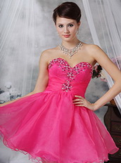 Sweetheart Hot Pink Organza Short Prom Dress With Crystals Knee Length Sexy