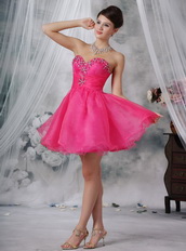 Sweetheart Hot Pink Organza Short Prom Dress With Crystals Knee Length Sexy