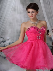 Sweetheart Hot Pink Organza Short Prom Dress With Crystals Knee Length Sexy