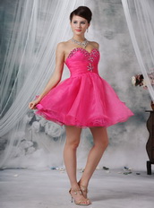 Sweetheart Hot Pink Organza Short Prom Dress With Crystals Knee Length Sexy