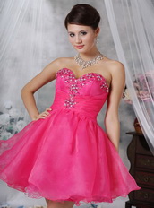 Sweetheart Hot Pink Organza Short Prom Dress With Crystals Knee Length Sexy