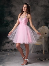 Halter Neck Style Organza Mini-length Prom Dress Pink Knee Length Sexy