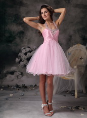 Halter Neck Style Organza Mini-length Prom Dress Pink Knee Length Sexy