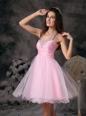 Halter Neck Style Organza Mini-length Prom Dress Pink Knee Length Sexy