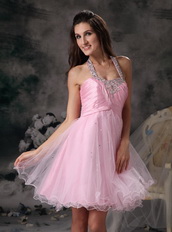 Halter Neck Style Organza Mini-length Prom Dress Pink Knee Length Sexy