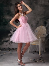 Halter Neck Style Organza Mini-length Prom Dress Pink Knee Length Sexy