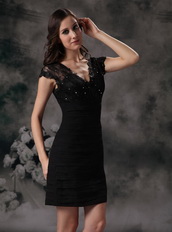 V-neck Mini-length Sheath Lace Bodice Prom Dress For Lady Knee Length Sexy