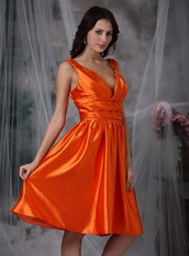 Orange Red V-neck Knee-length Prom Dress Short Knee Length Sexy