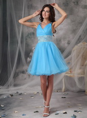 Aqua Blue V-neck Beaded Short Prom Dress Cross Back Knee Length Sexy