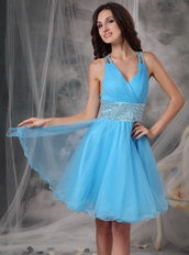 Aqua Blue V-neck Beaded Short Prom Dress Cross Back Knee Length Sexy