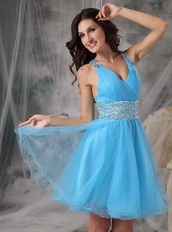 Aqua Blue V-neck Beaded Short Prom Dress Cross Back Knee Length Sexy