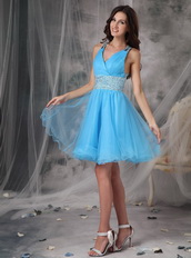 Aqua Blue V-neck Beaded Short Prom Dress Cross Back Knee Length Sexy