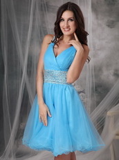 Aqua Blue V-neck Beaded Short Prom Dress Cross Back Knee Length Sexy