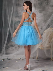 Aqua Blue V-neck Beaded Short Prom Dress Cross Back Knee Length Sexy