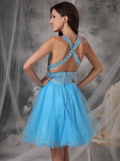 Aqua Blue V-neck Beaded Short Prom Dress Cross Back Knee Length Sexy