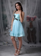 Light Blue One Shoulder Mini Prom Dress With Black Appliques Knee Length Sexy