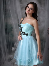 Light Blue One Shoulder Mini Prom Dress With Black Appliques Knee Length Sexy