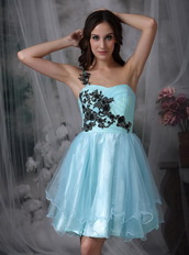 Light Blue One Shoulder Mini Prom Dress With Black Appliques Knee Length Sexy