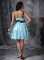 Light Blue One Shoulder Mini Prom Dress With Black Appliques Knee Length Sexy