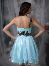 Light Blue One Shoulder Mini Prom Dress With Black Appliques Knee Length Sexy