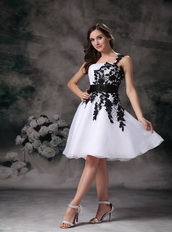 White One Shoulder Mini Prom Dress With Black Applique Knee Length Sexy