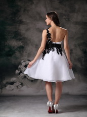 White One Shoulder Mini Prom Dress With Black Applique Knee Length Sexy