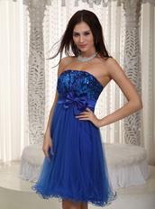 Sequin and Net Royal Blue Short Prom Dress With Bowknot Knee Length Sexy