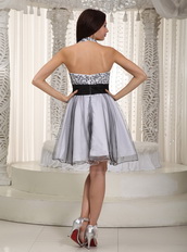 Gray Halter Mini-length Organza Prom Dress With Black Sash Knee Length Sexy