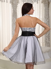 Gray Halter Mini-length Organza Prom Dress With Black Sash Knee Length Sexy