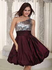 Dark Purple One Shoulder Short Prom Dress Sequin and Taffeta Knee Length Sexy