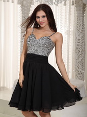 Spaghetti Straps Short Black Prom Dress LBD With Beading Knee Length Sexy