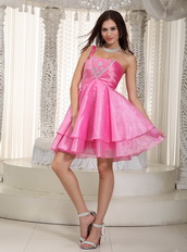 Hot Pink Beaded Prom Dress With One Shoulder Short Skirt Knee Length Sexy