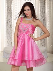 Hot Pink Beaded Prom Dress With One Shoulder Short Skirt Knee Length Sexy