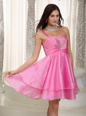 Hot Pink Beaded Prom Dress With One Shoulder Short Skirt Knee Length Sexy