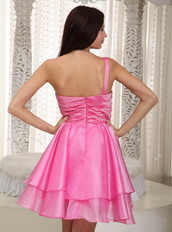 Hot Pink Beaded Prom Dress With One Shoulder Short Skirt Knee Length Sexy