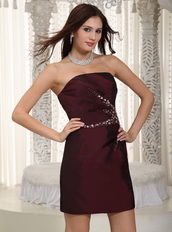 Burgundy Strapless Short Taffeta Prom Dress With Crystals Knee Length Sexy